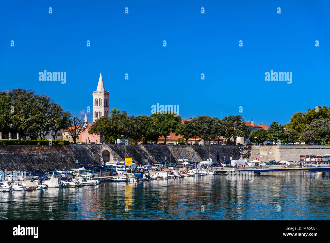 Croazia, Dalmazia, Zadar, porto con la città vecchia e la torre campanaria del Duomo Sveta Stosija Foto Stock