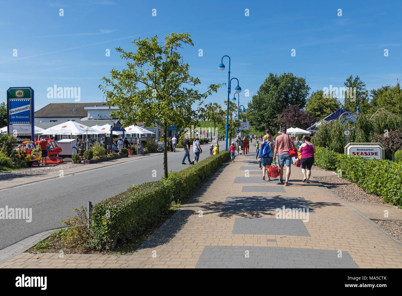 Via pedonale Nordseeallee street, verso Friesenstrand, Tossens, Butjadingen, comune nel distretto amministrativo di Wesermarsch, Foto Stock