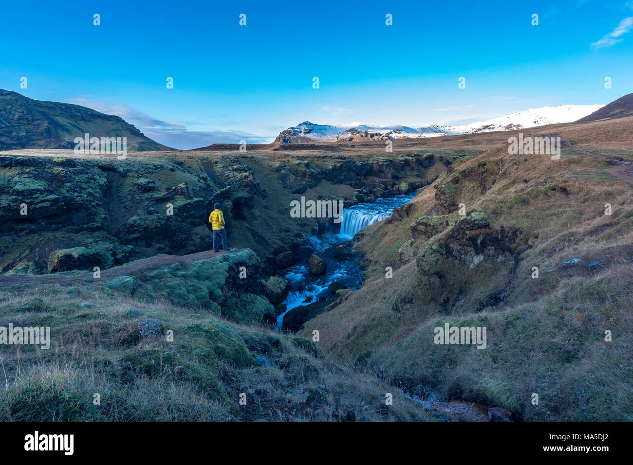 L'Europa, Nord Europa, Islanda, Skógar, vista la notevole paesaggio sul sentiero Fimmvörduhals Foto Stock