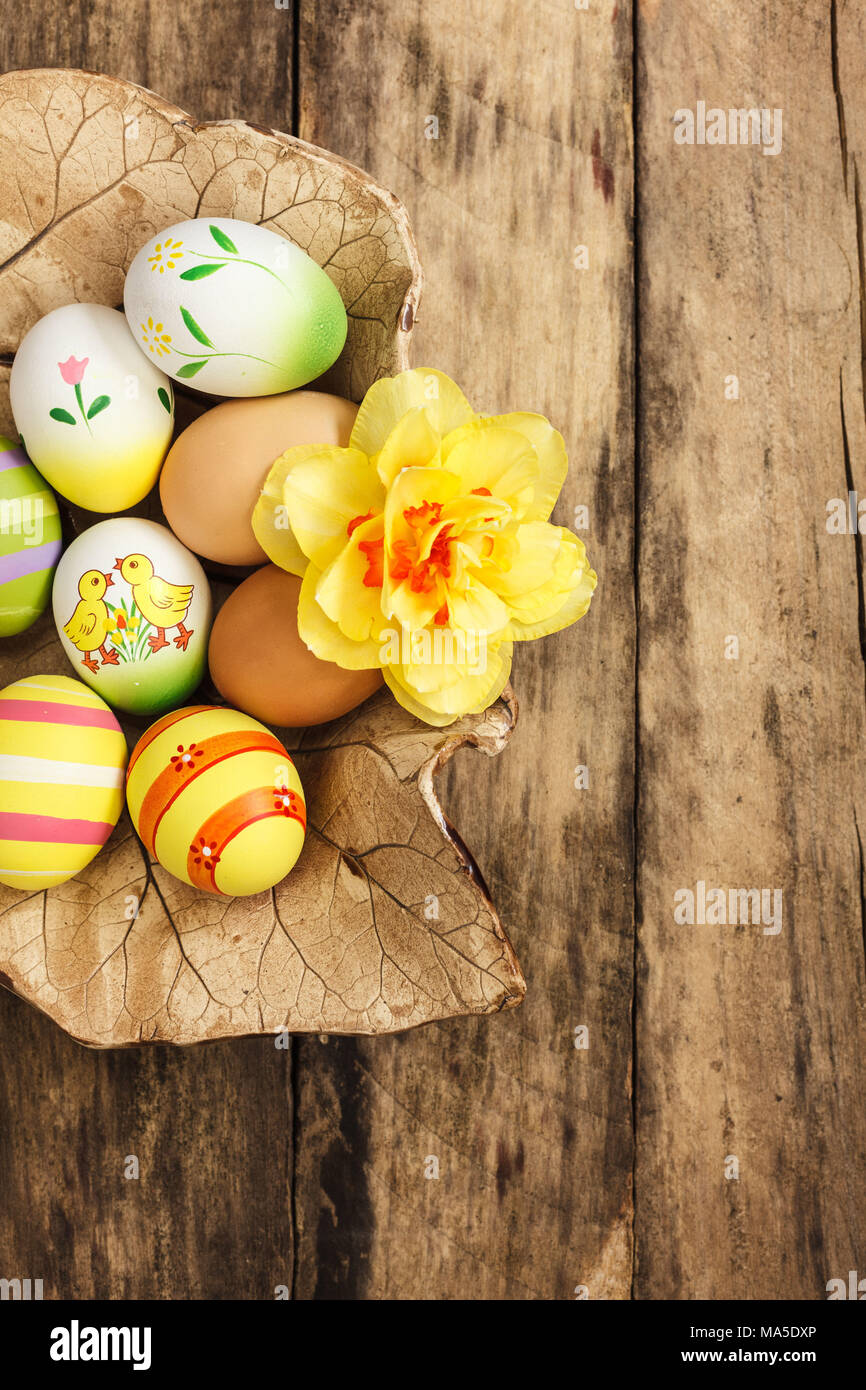 Ciotola con le uova di pasqua e narcisi sul terreno in legno Foto Stock