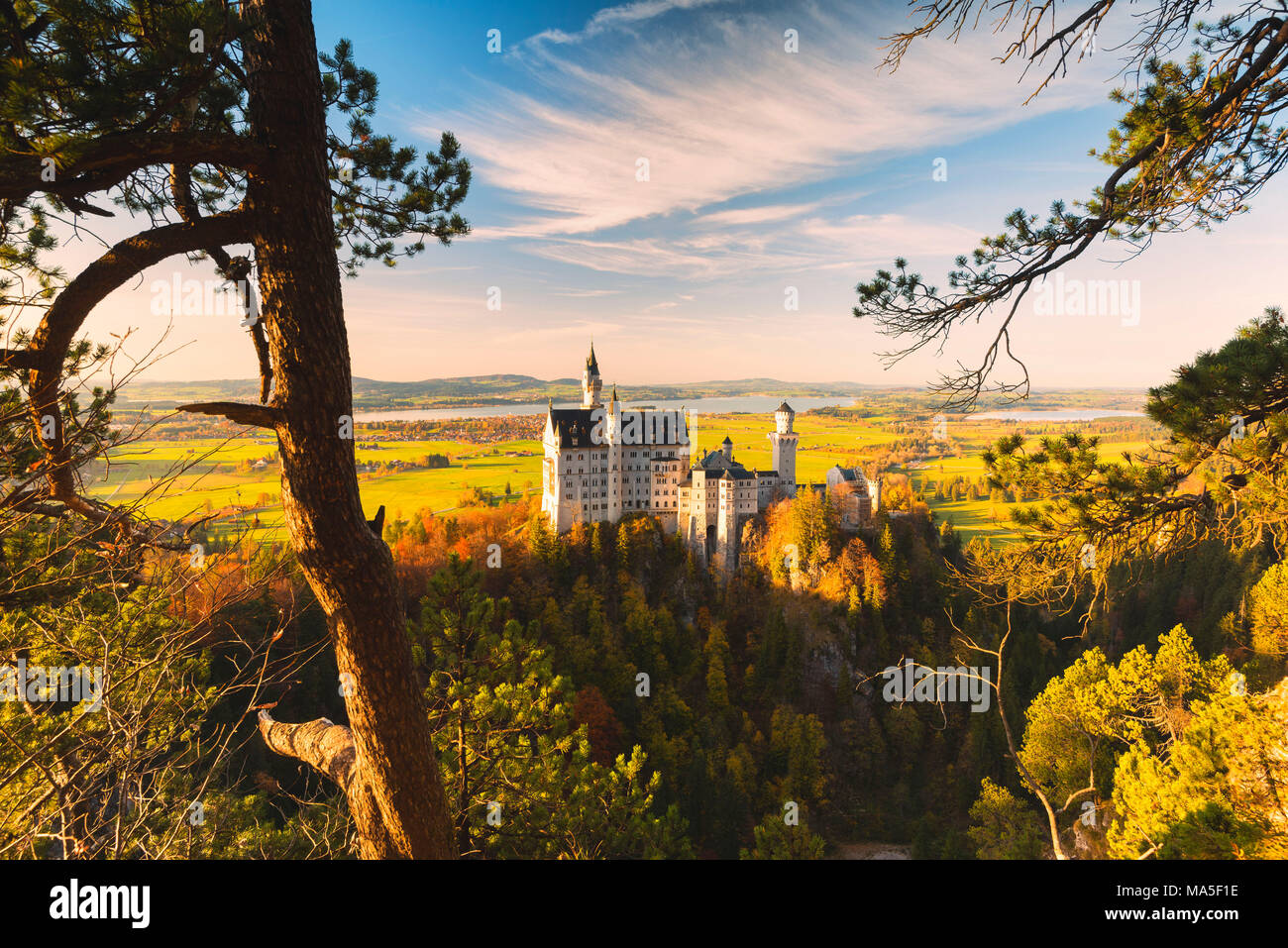 Il Castello di Neuschwanstein in autunno al tramonto Europa, Germania, il Land della Baviera, Baviera sudoccidentale, Fussen, Schwangau Foto Stock