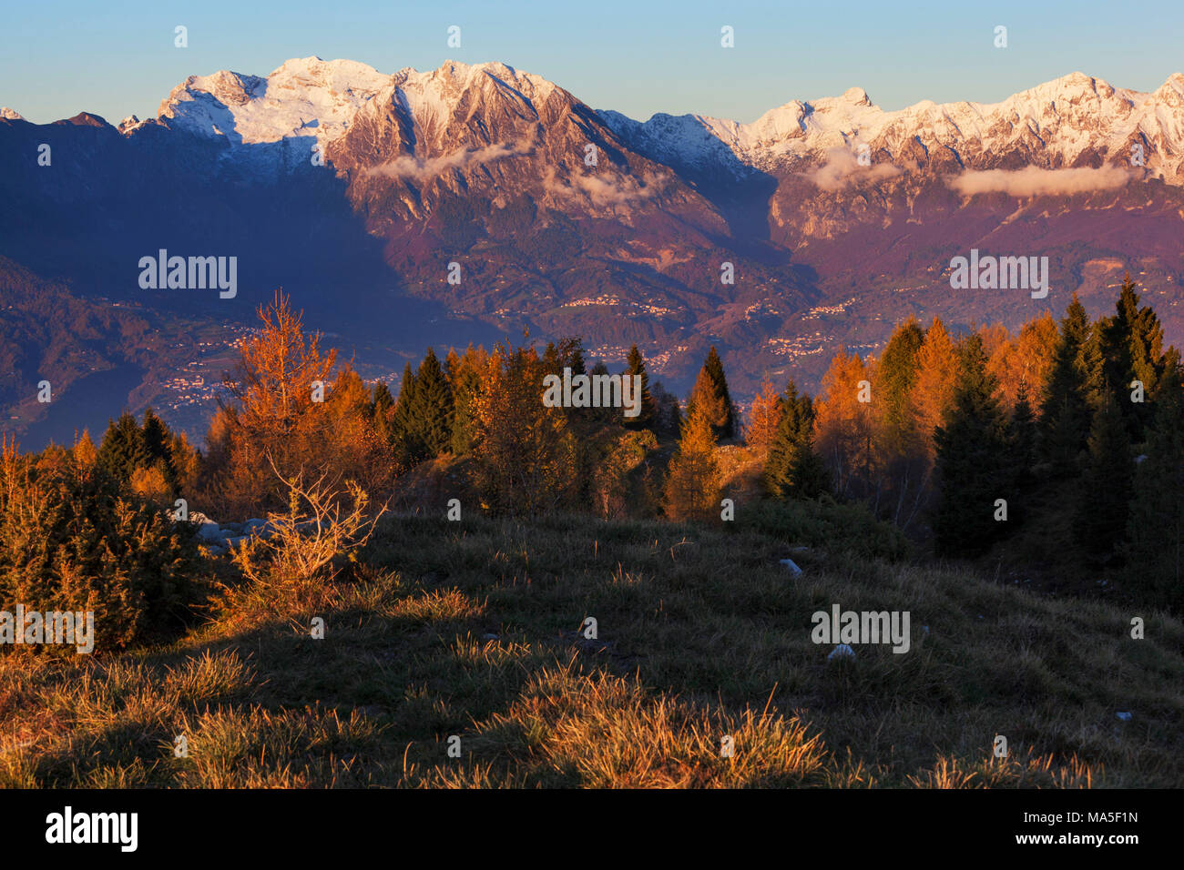 Alpago montagne dal Monte Faverghera, Prealpi di Belluno, Veneto, Italia Foto Stock
