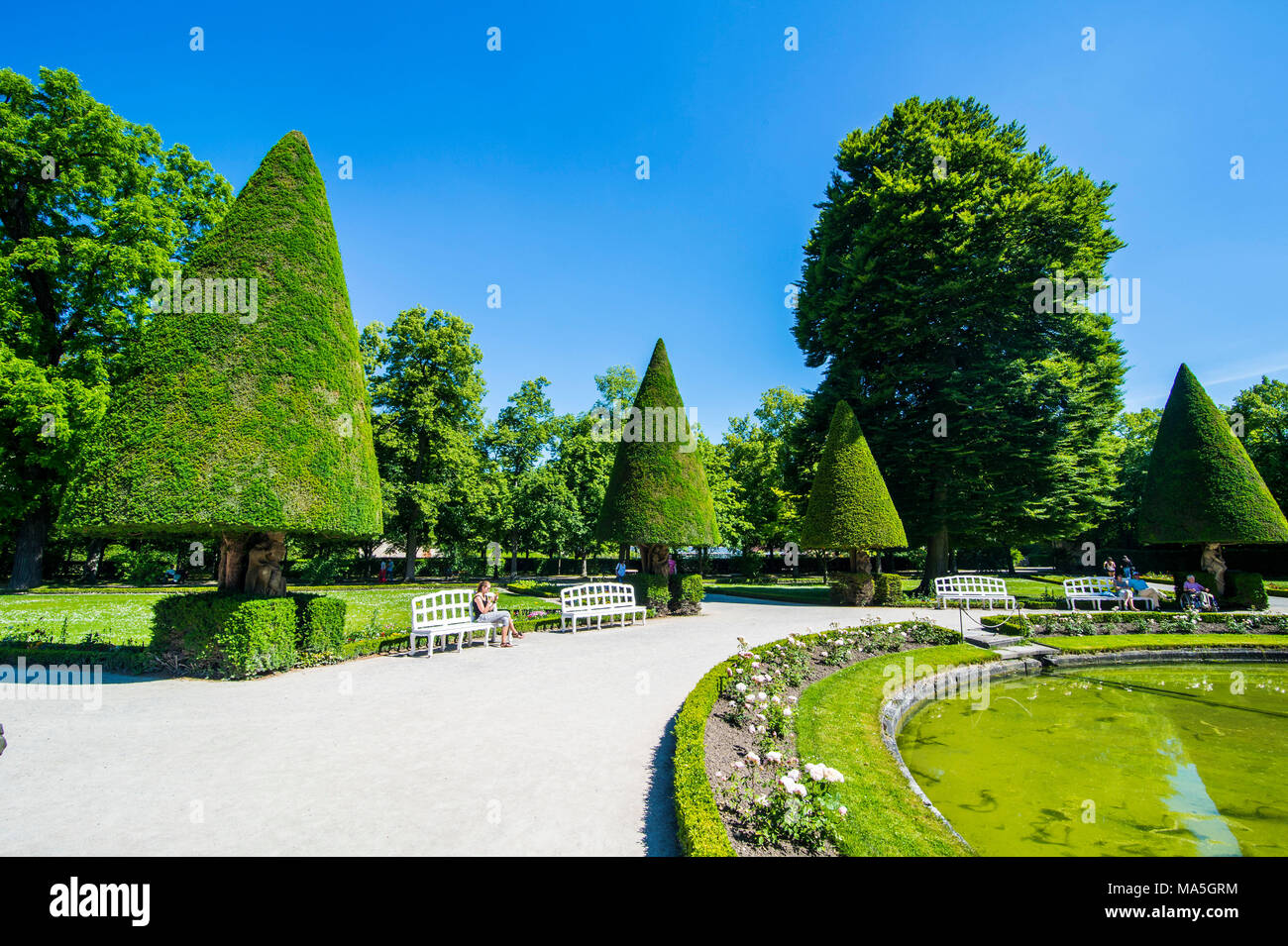 I giardini barocchi nella Residenza di Würzburg, un sito Patrimonio Mondiale dell'UNESCO, Wuerzburg, Franconia, Baviera, Germania Foto Stock
