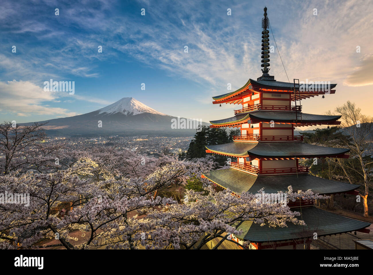 Il monte Fuji con una pagoda rossa in primavera con la fioritura dei ciliegi, Giappone Foto Stock