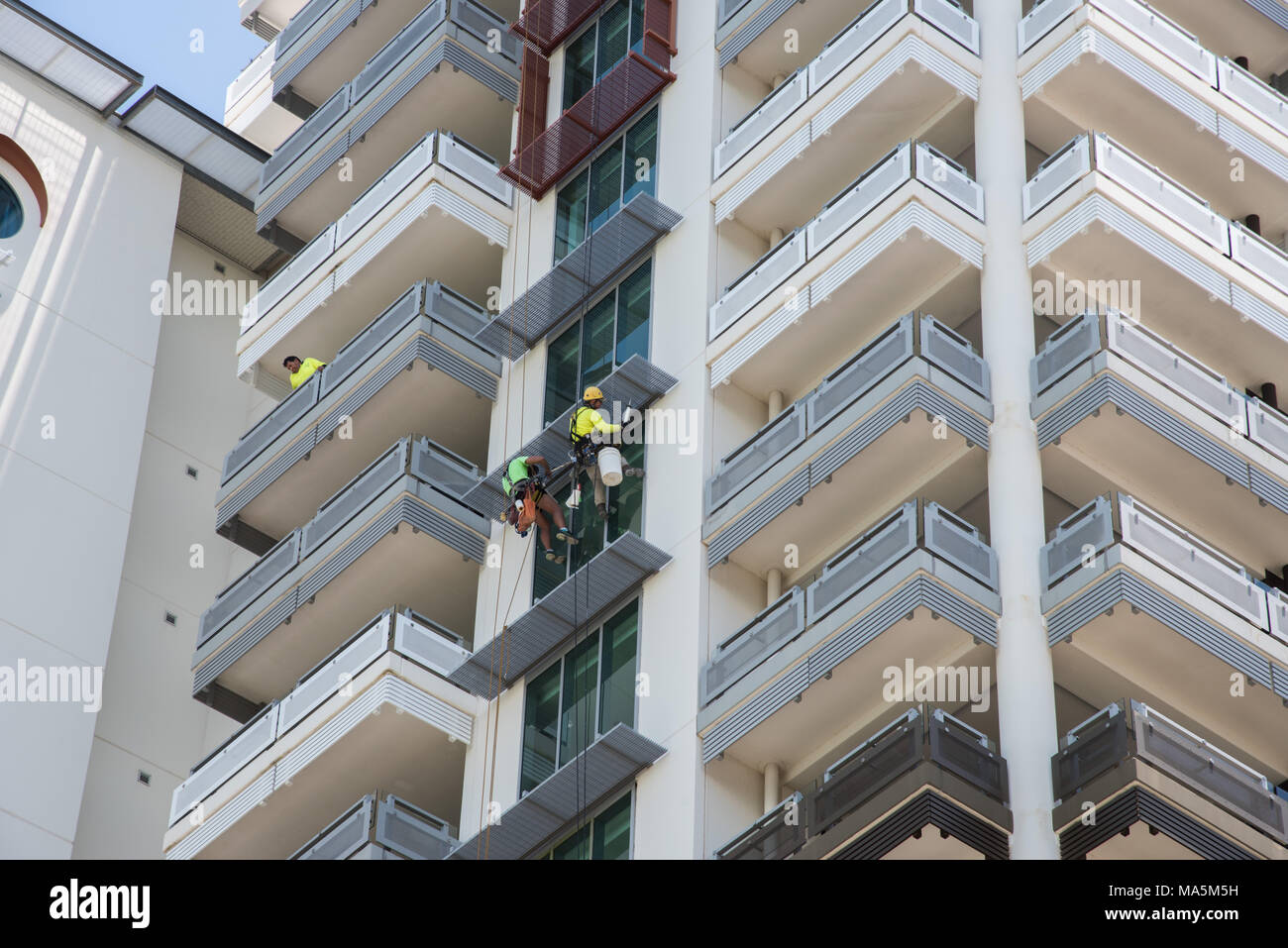 Darwin,NT,Australia-February 21,2018: operai sulla sedia sospesa e i cavi a lavorare su Windows sulla spianata edificio di appartamenti a Darwin, in Australia. Foto Stock