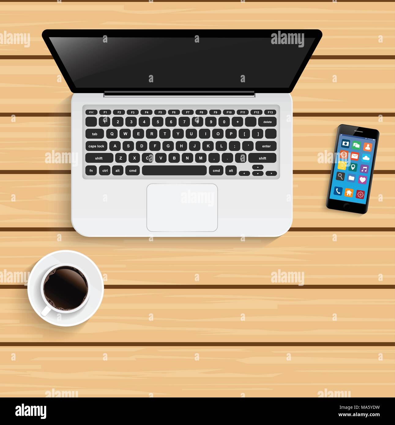 Computer portatile con la tazza di caffè e lo smartphone su un tavolo di legno Illustrazione Vettoriale