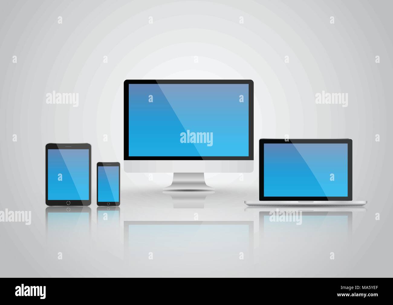 I moderni dispositivi mockups per i vostri progetti di business. Set di laptop, computer desktop, tablet e smartphone con aspetto generico Illustrazione Vettoriale