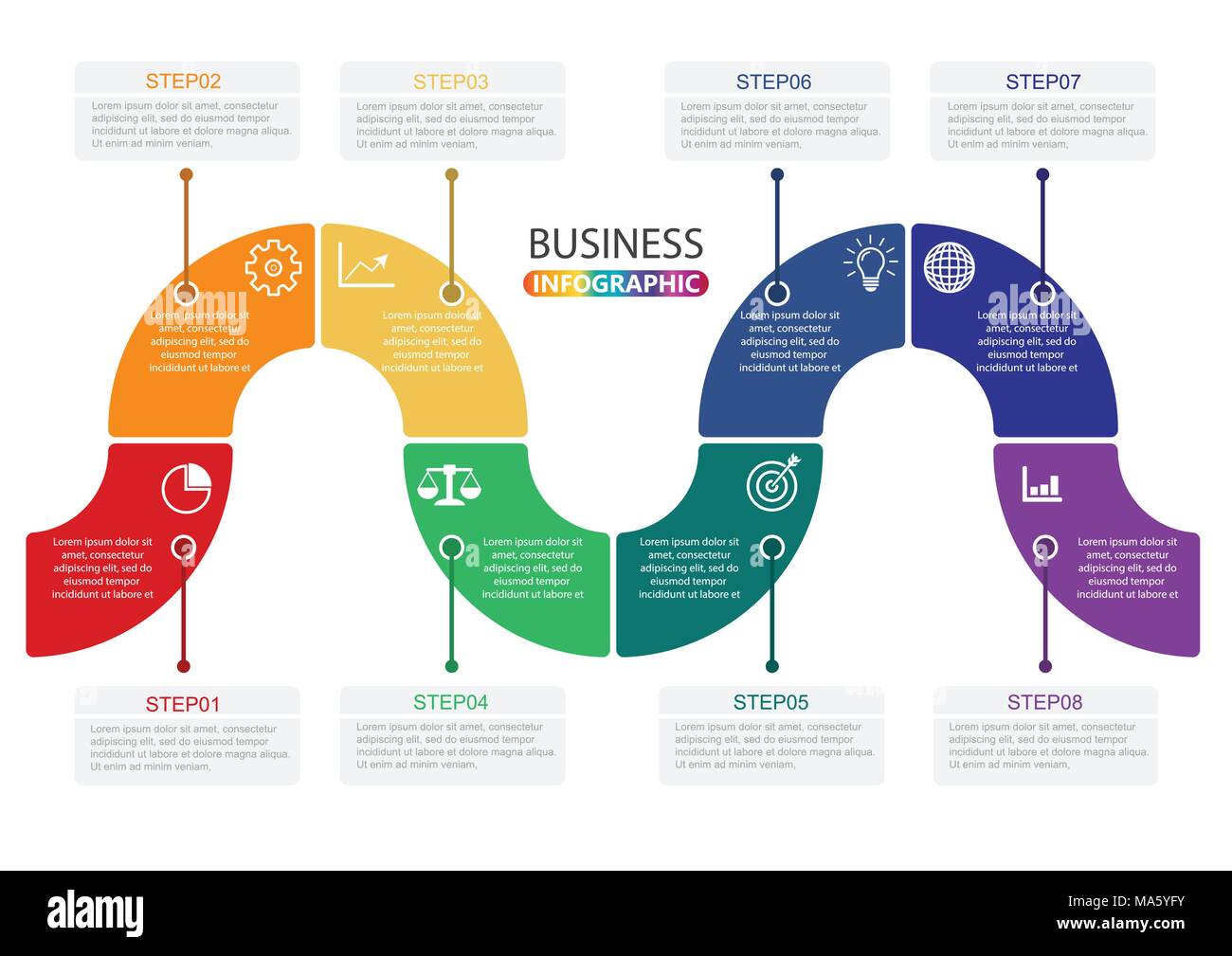 Timeline infographics modello di disegno con 8 opzioni, diagramma di processo, vettoriale EPS10 illustrazione Illustrazione Vettoriale