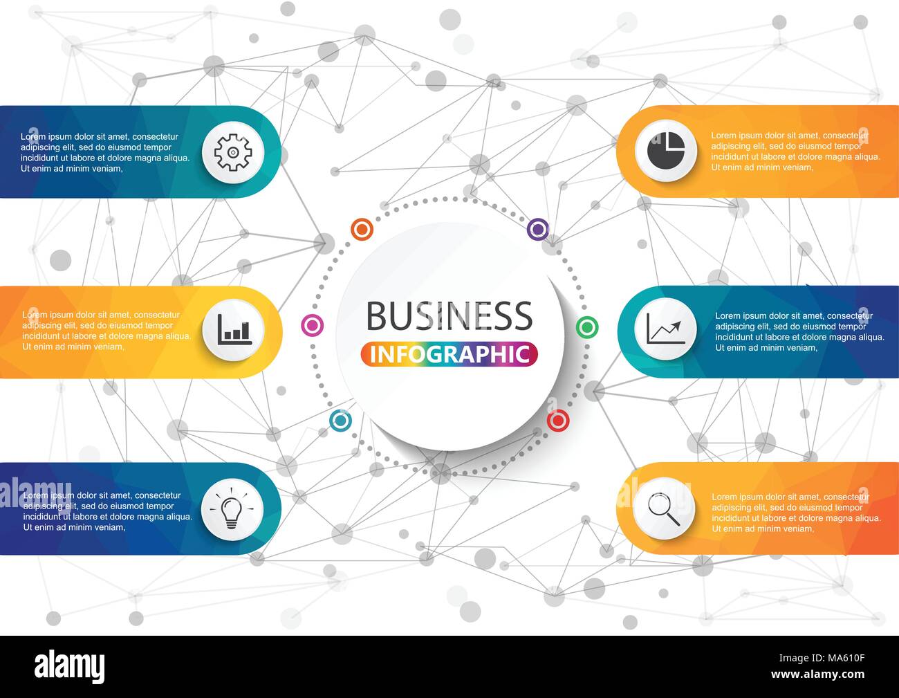 Business per la visualizzazione di dati. Grafico di processo. Elementi astratti del grafico, diagramma con passaggi, opzioni di parti o processi. Illustrazione Vettoriale