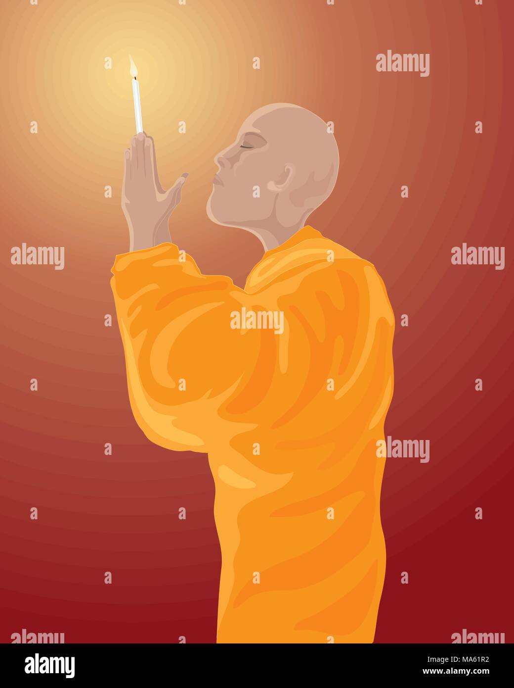 Una illustrazione vettoriale in formato eps formato 10 di un monaco buddista in arancione vesti meditando con candela accesa al buio su un sfondo rosso Illustrazione Vettoriale