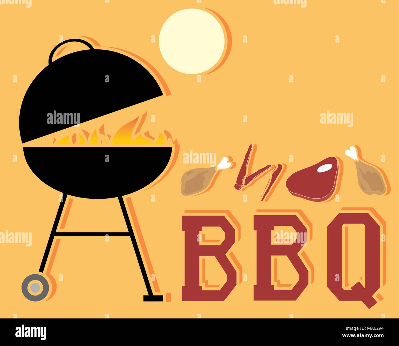 Una illustrazione vettoriale in formato eps formato 10 di un barbeque astratta annuncio pubblicitario con grill fire e tagli di carne sotto un sole giallo Illustrazione Vettoriale