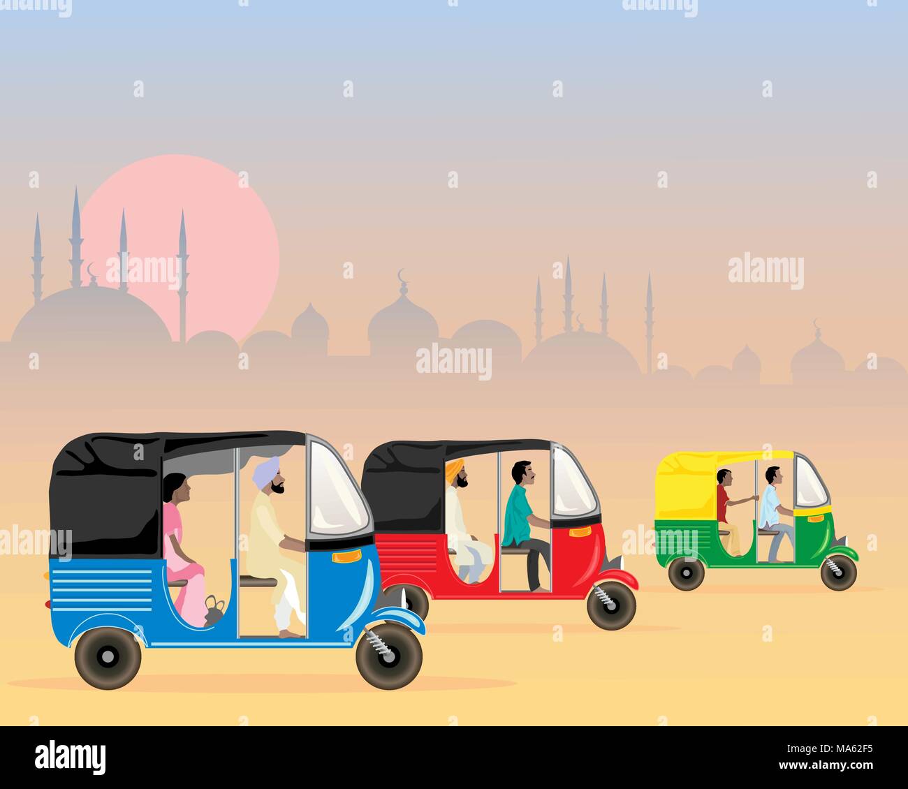 Una illustrazione vettoriale in formato eps formato 10 di tre asiatici colorati tuk tuks racing lungo in un polveroso assetto urbano di sera al tramonto Illustrazione Vettoriale