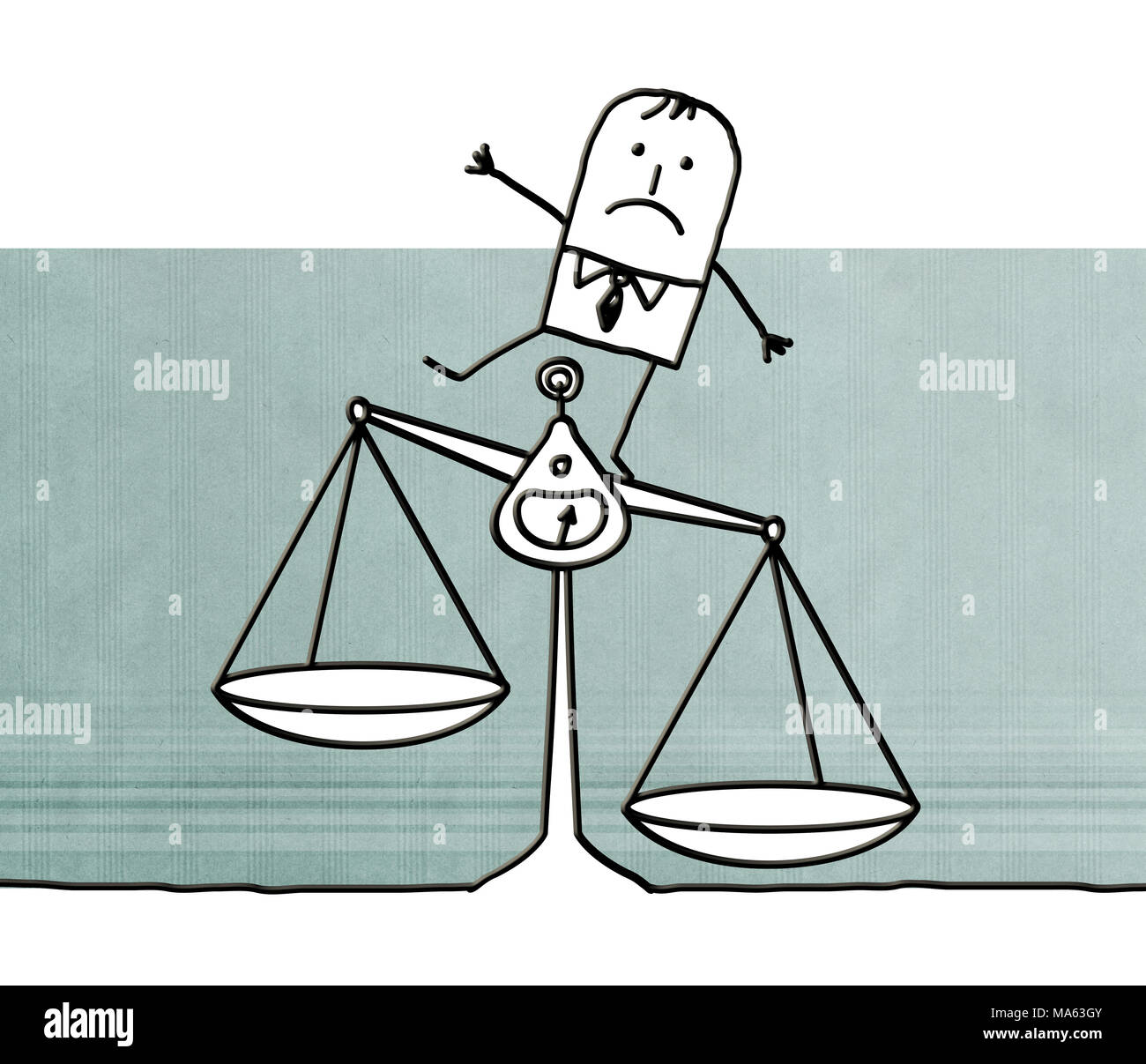 Cartoon uomo con equilibrio e ingiustizia Foto Stock