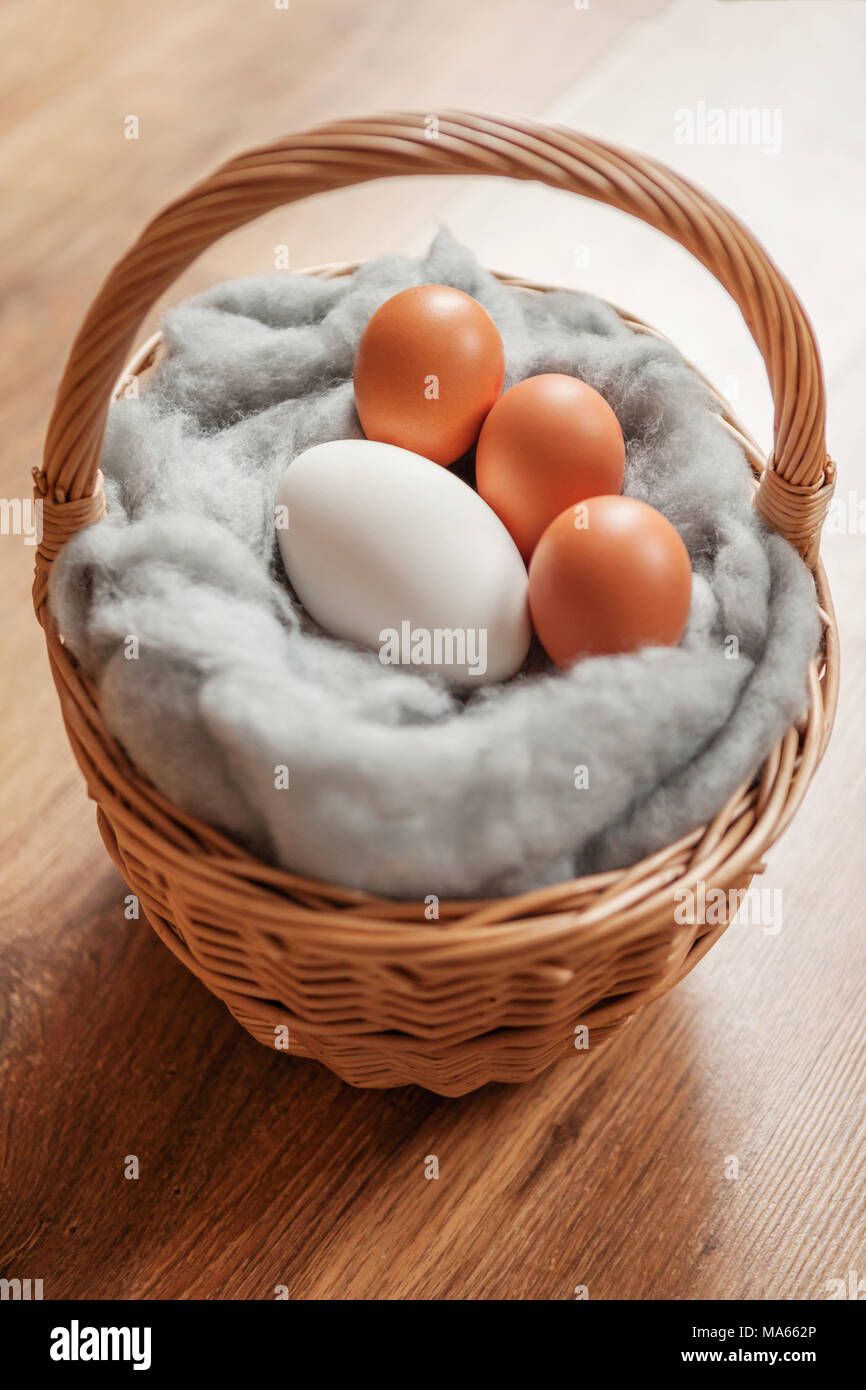 Uova d'oca e galline, in un cesto di lana soffice. Foto Stock