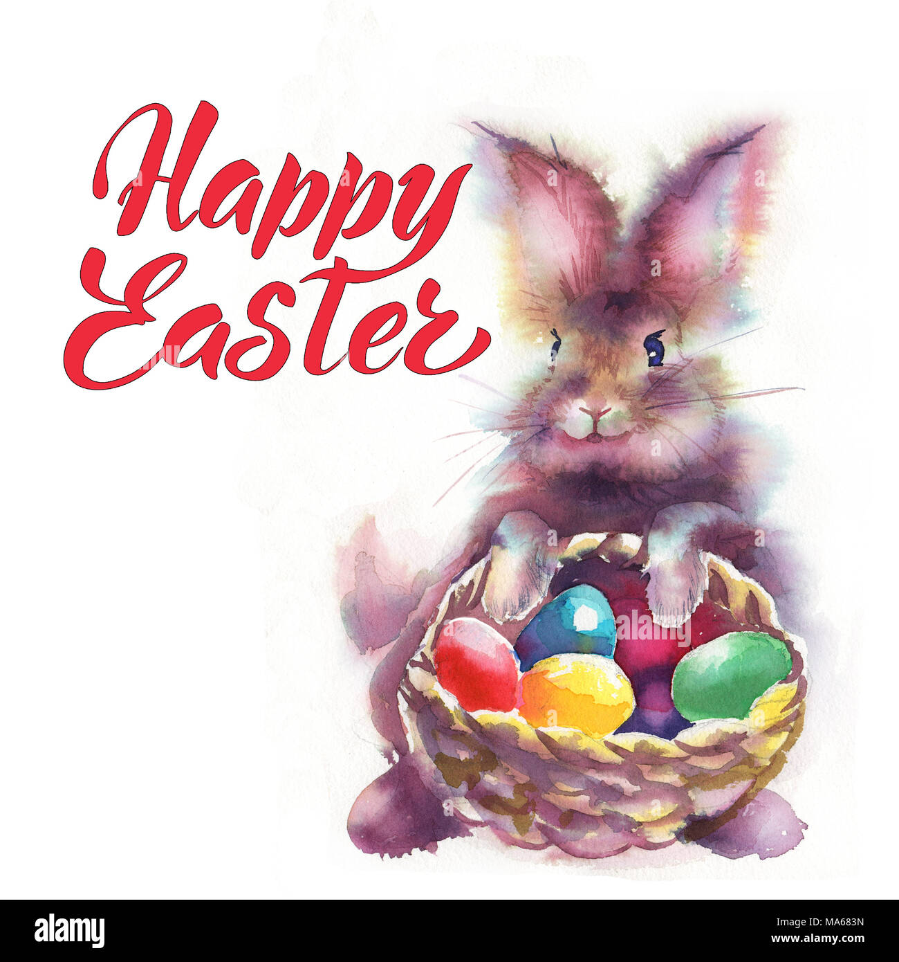 Conigli pasquali e uova di Pasqua. Acquerelli di illustrazione con  simpatici animali. Cartoline di pasqua Foto stock - Alamy