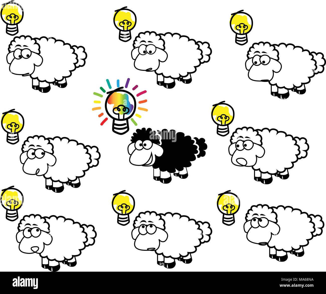 Concetto inventivo con differenti pecora nera e colorata buona idea Illustrazione Vettoriale
