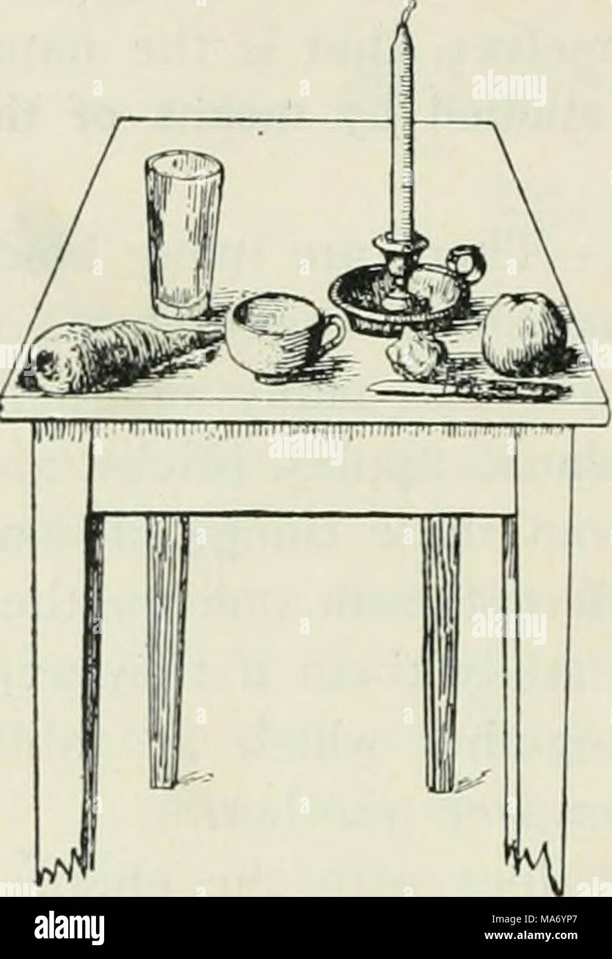 . Elementari di fisica e chimica: prima fase . Fig. 3.-Le cose sul tavolo differiscono nella durezza come pure in altri modi. Spesso è facile decidere che è più duro delle due cose. Per esempio, sapete che un coltello è più duro di un pezzo di legno ; per spesso è possibile scavare il pollice- o finger-chiodo nel legno, ma non è possibile scavare il chiodo in un coltello in acciaio. È anche possibile tagliare il legno con la lama di un coltello, ma non è possibile tagliarlo con un pezzo di india-gomma, perché l'india-gomma è più morbido del legno. Tutte le cose che una lama di taglio o graffio sono più morbido del coltello, e tutte le cose whi Foto Stock