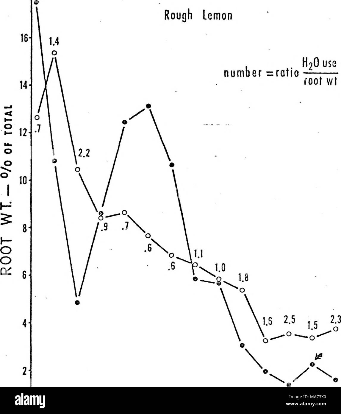. Effetto di profondità di radicamento di agrumi sulla struttura di radice e di assorbimento di acqua. . 6 9 12 15 18 21 24 27 30 33 35 39 profondità- cmxio-'- 16 2 14 £ o "s o o 10 8 uj  J 0  LU 6 Q O 4 O CO Fig. 15. Il confronto della media di acqua del terreno utilizzato per la distribuzione di radice di 'Orlando' tangelo su alberi di limone grezzo rizomi, durante periodi selezionati a partire dal mese di aprile, 1973 ad aprile 1974. Profondità al sottosuolo orizzonte di argilla è indicata da una freccia. Foto Stock
