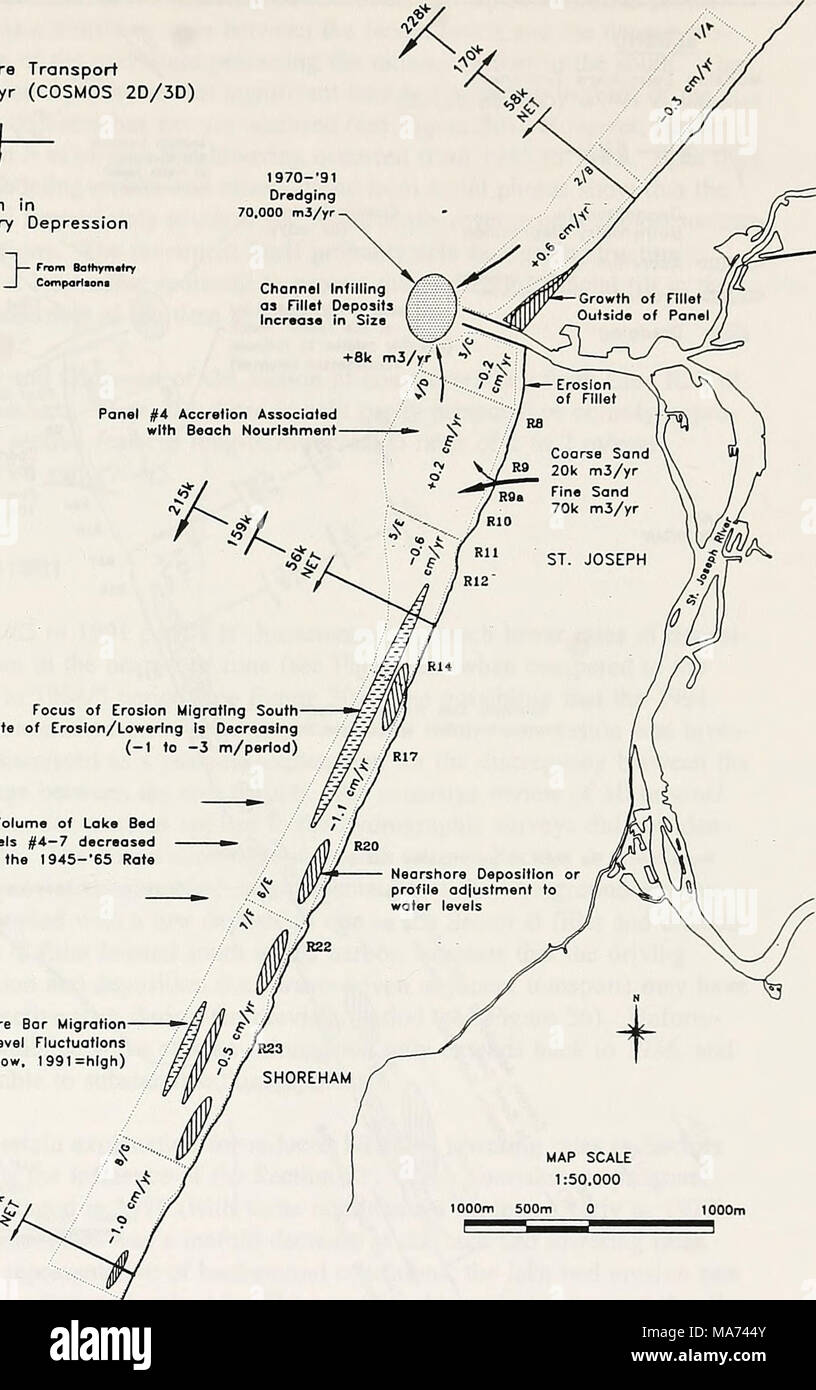. Efficacia di spiaggia nutrimento sulle rive coesivo, San Giuseppe, il lago Michigan . La messa a fuoco di erosione che migrano verso sud Rote di erosione/abbassamento è in calo (-1 e -3 m/periodo) Volume annuale del lago Bad lion in pannelli #4-7 è diminuito del 93% dal 1945-"65 Rate Note: 1. '64/65 WL -0.2m. '91 WL +O.Bm (IGLD '85) (influenza la posizione di barra di esposizione e di fino a 2. Leas variazione stagionale in livelli di acqua (di 45-65) 3. Abbassamento coesiva stimato a 2,8 m3/m/yr a sud del porto banchine 4. Litorale recessione ridotto da 1945-'65 Le tariffe S. 1964 waUr livello tutto il tempo lo 8. Lago di ridotta erosione del letto F Foto Stock
