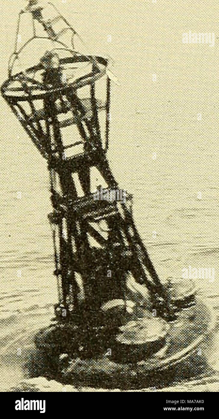 . Elettronico di ausili alla navigazione; loran, radiobeacon e sistemi radarbeacon e loran, radio-direzione-finder e radar attrezzatura navale . Figura 2-10.-un marcatore tipico radiobeacou uu una boa illuminato. Il metodo di direzione radio ricerca è basata sulla direttiva di proprietà della cosiddetta antenna a bobina quando viene utilizzato per la ricezione di segnali radio. Il cercatore di direzione radio comprende una antenna a bobina, e opera sul prin- cipio generale che la quantità di forza elettromotrice indotta nell'ansa verticale del filo da un arrivo onde elettromagnetiche dipende dall'angolo tra il piano del loop e Foto Stock