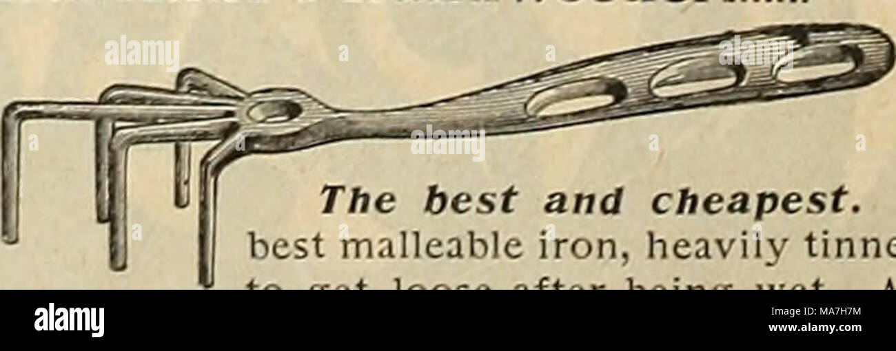 . E. H. Hunt catalogo . per doz., SI,35: ciascuna, .12 " 2.50; " 0,25 " 2,25; " .20 " 2.10; " .20 il diserbo CAMPIONE DEL GANCIO il migliore e più conveniente. Realizzato in un unico pezzo di migliori ferro malleabile, pesantemente le conserve. No il manico di legno per ottenere allentato dopo essere stato bagnato. Sempre pulito. Si adatta alla mano. Indistruttibile. Ogni, 10c; da mail, 20c. Filo ricotto. No. 24, lb., 10c; 12 libbre, S1.00 IO No. 28, lb., 15c; 12 libbre, $1.15 n., 26 lb., 12c; 12 libbre, 1.10 mi n. 36, lb., 25c; 12 libbre, 2.10 Rame, belle, lb.., 55c; medie, lb., 45c; pesante, 40 lb Foto Stock