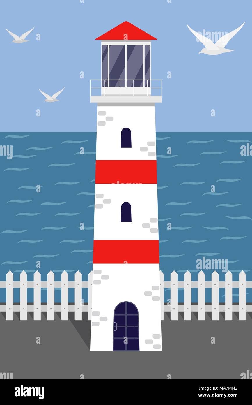 Bellissimo il bianco e il rosso faro sulla riva del mare, gabbiani, terra, bianco recinto. Illustrazione Vettoriale in stile piatto Illustrazione Vettoriale