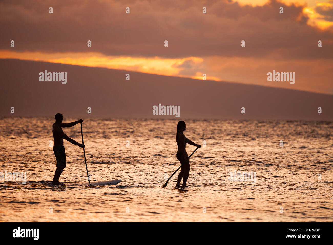 Un accoppiamento a maschio e femmina su stand up paddle boards ammirare un magnifico tramonto con l'isola di Lanai in background off Maui, Hawaii, Stati Uniti d'America. Foto Stock