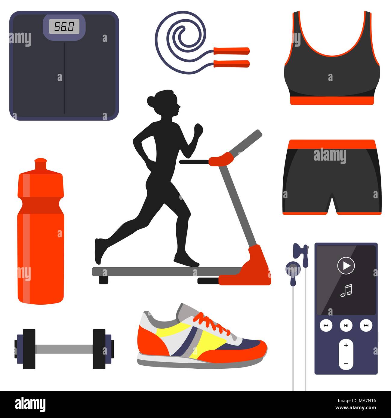 Silhouette di una ragazza che corre su un tapis roulant e Jogging attributi. Scale, smart watch, dumbbell, salto con la corda, acqua in bottiglia, sport bra e cortocircuiti Illustrazione Vettoriale