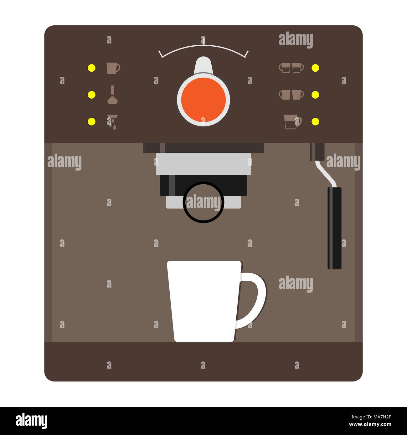 Brown macchina per caffè con un bicchiere di bianco. Immagine dettagliata del caffè per la casa, ufficio, ristorante, caffetteria. Illustrazione Vettoriale in stile piatto Illustrazione Vettoriale