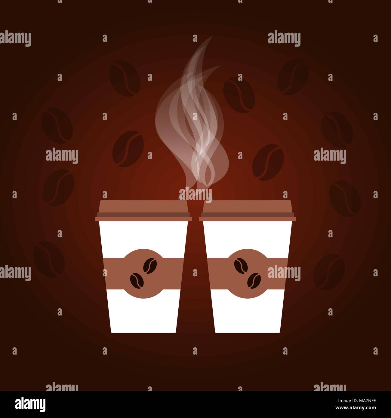 Caffè scuro dello sfondo con due bianco e marrone di tazze monouso, vapore, i chicchi di caffè. Illustrazione Vettoriale, il concetto di pubblicità per i negozi di caffè, ca Illustrazione Vettoriale