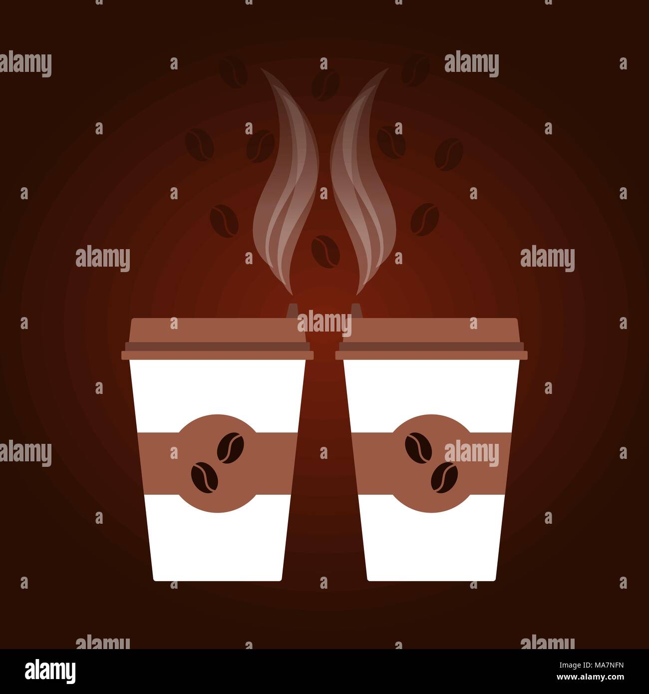 Caffè scuro dello sfondo con due bianco e marrone di tazze monouso, vapore, i chicchi di caffè. Illustrazione Vettoriale, il concetto di pubblicità per i negozi di caffè, ca Illustrazione Vettoriale