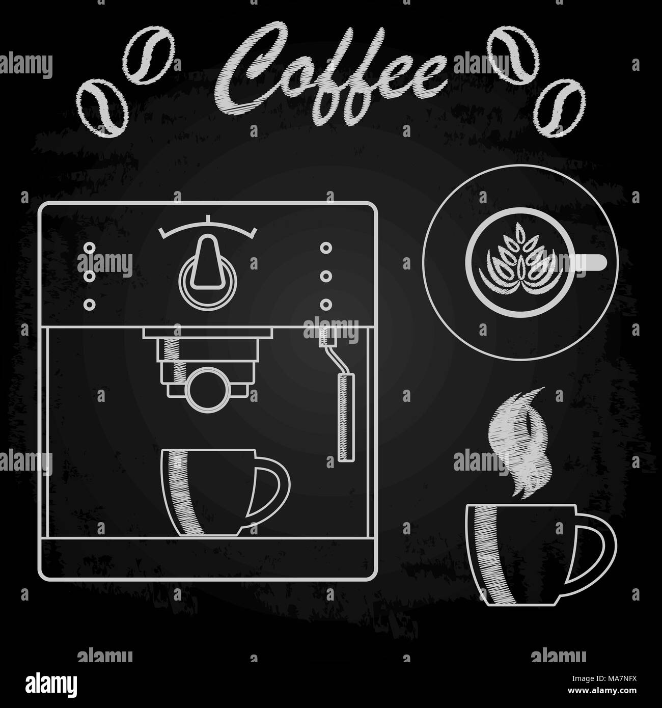 Macchina da caffè, una tazza di caffè, il gesso sulla lavagna nera. Illustrazione Vettoriale Illustrazione Vettoriale