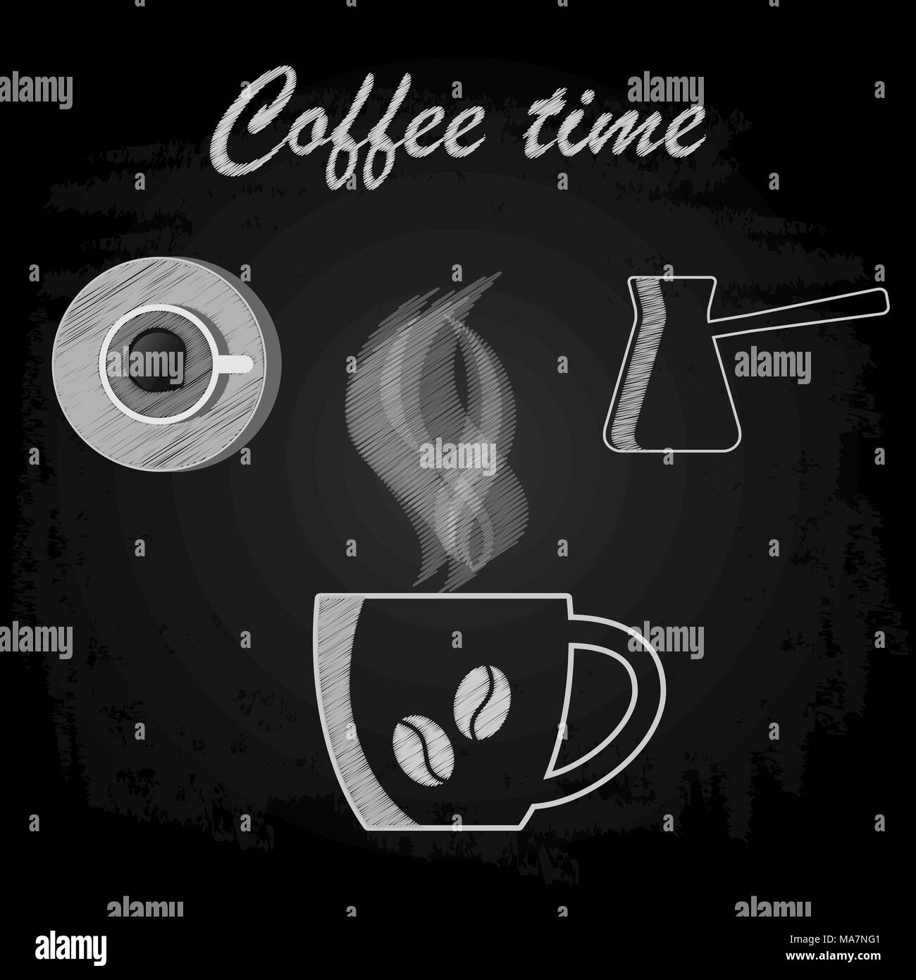 Caffè cezve, tazze da caffè, il gesso sulla lavagna nera. Illustrazione Vettoriale Illustrazione Vettoriale