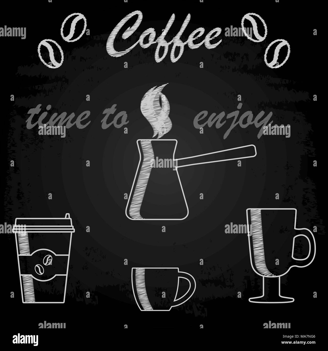 Caffè cezve, tazze e bicchieri, il gesso sulla lavagna nera Illustrazione Vettoriale