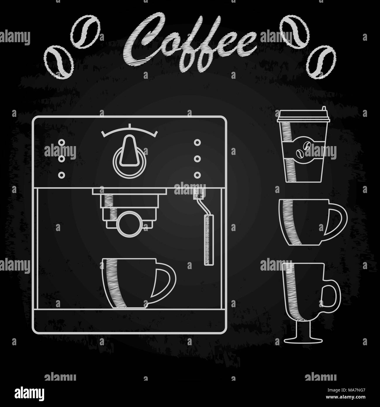 Macchina per caffè, coppa e bicchiere di carta per il caffè, il gesso sulla lavagna nera. Illustrazione Vettoriale Illustrazione Vettoriale
