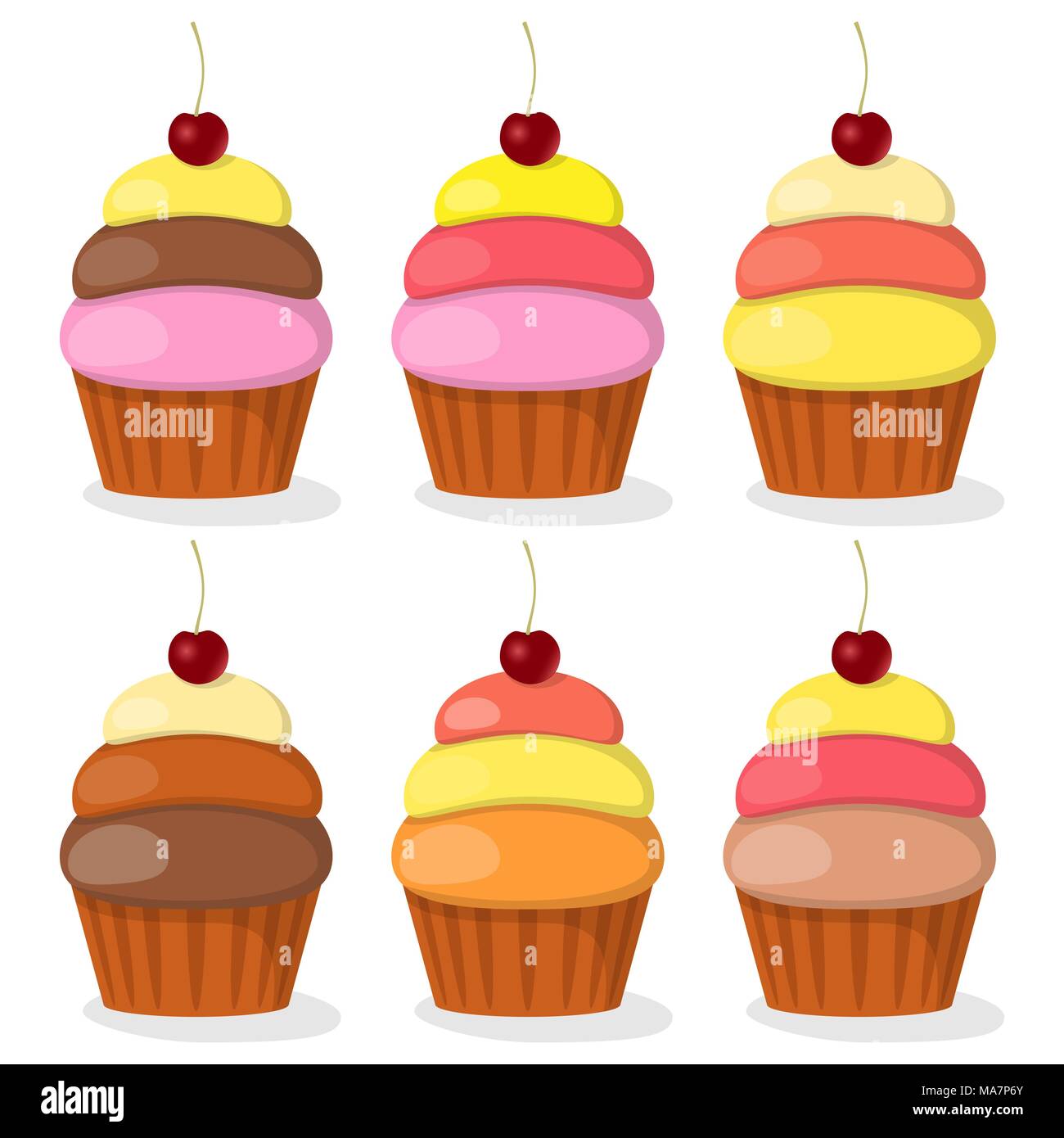 Tortine con crema colorata e ciliegia, set. Illustrazione Vettoriale Illustrazione Vettoriale