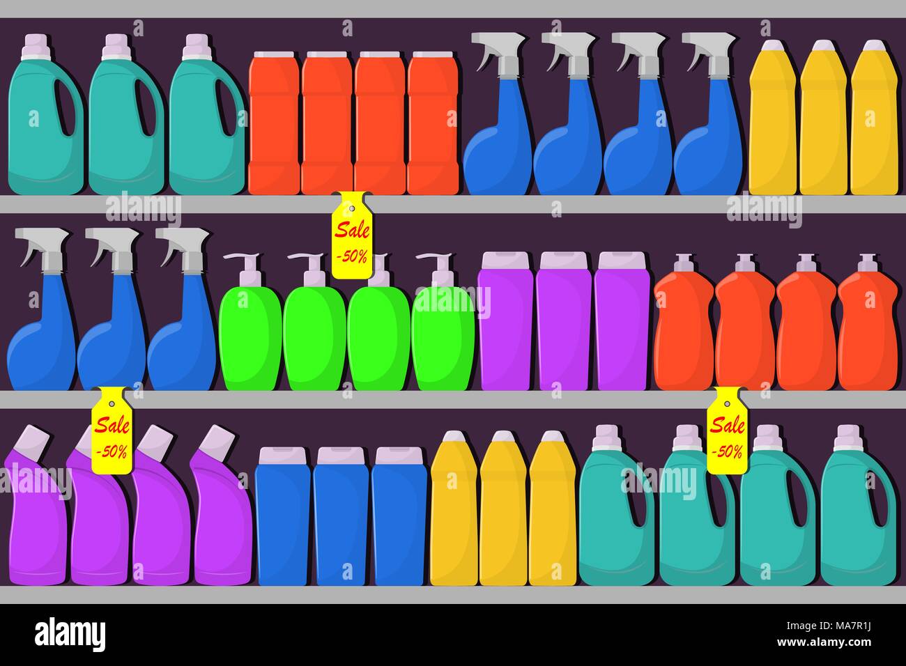 Scaffali del supermercato con bottiglie di detersivo in polvere di lavaggio, il detersivo in polvere, bottiglia di spray, mezzi per il lavaggio dei piatti. Vendita, sconti. Vettore Illustrazione Vettoriale