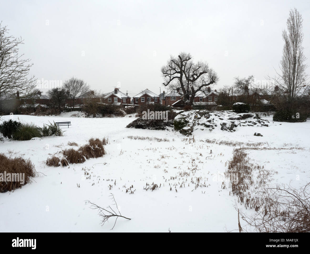 Snow Covered Testvale Park, Totton, Hampshire, Inghilterra, Regno Unito Foto Stock