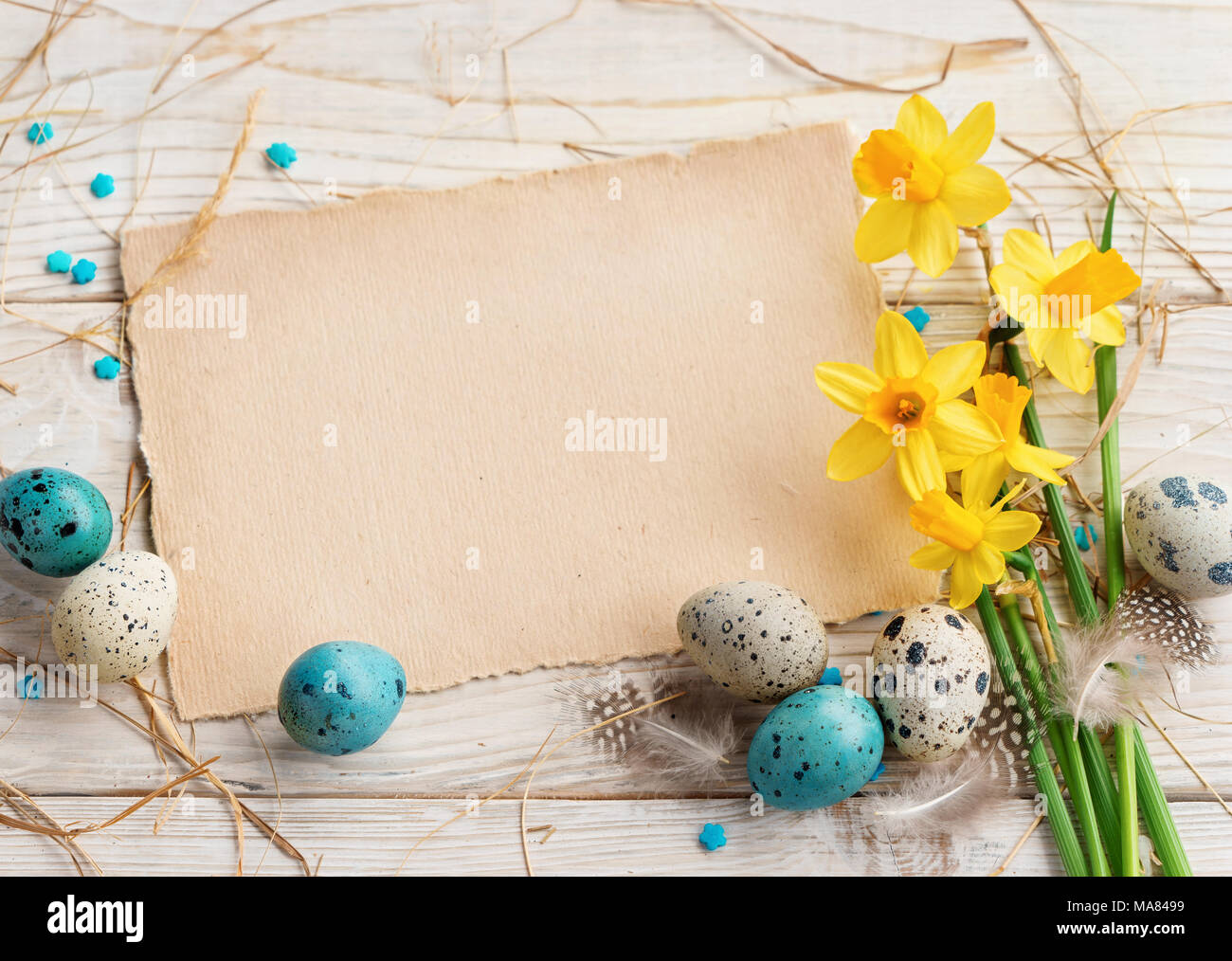 Sfondo di pasqua con le uova di Pasqua e fiori di primavera. Vista da sopra con copia spazio. Foto Stock