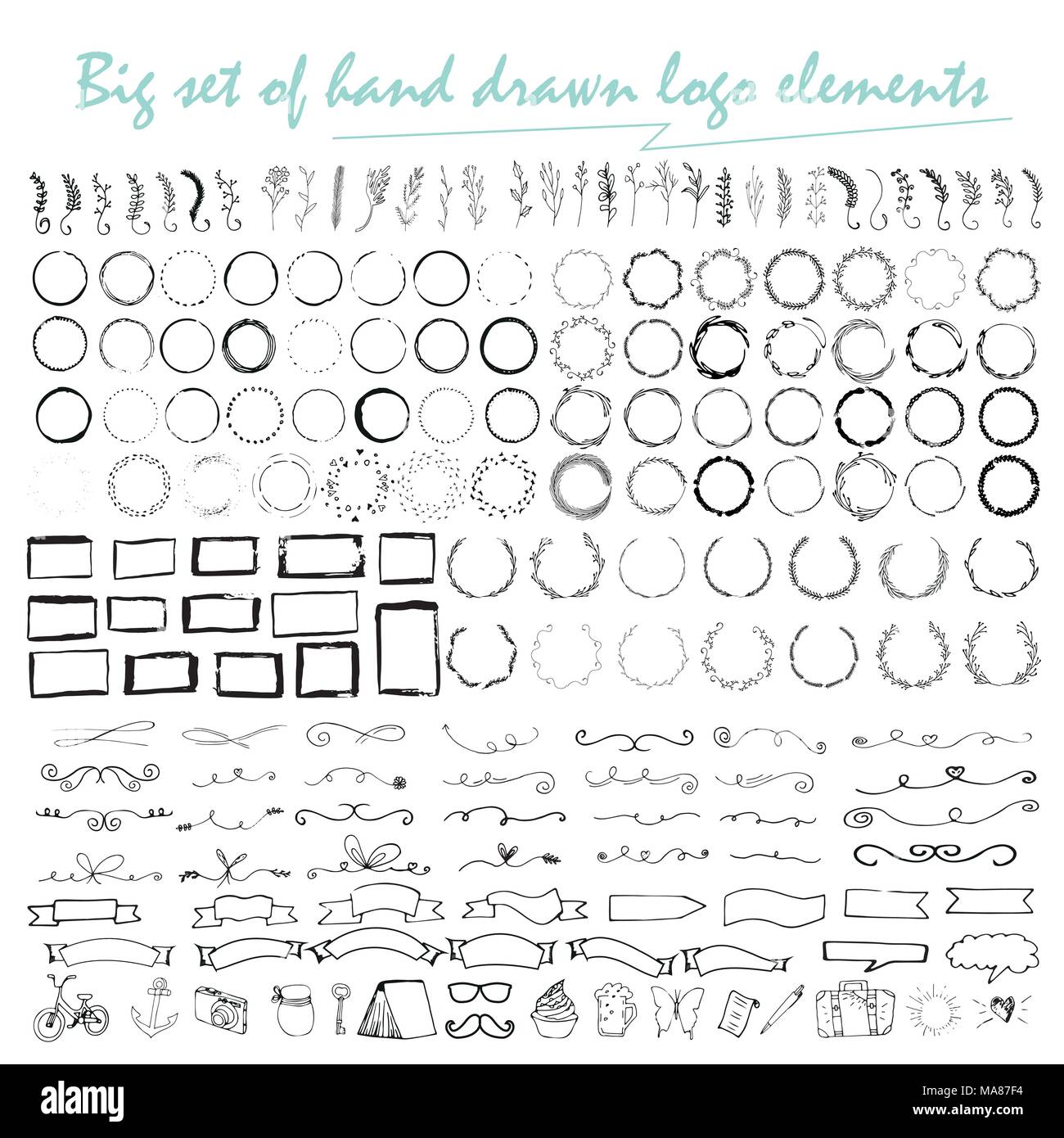 Grande set di elementi handdrawn con frecce, nastri, allori, badge, piazze, cerchi. Logotipo modelli isolati su sfondo bianco e facile per noi Illustrazione Vettoriale