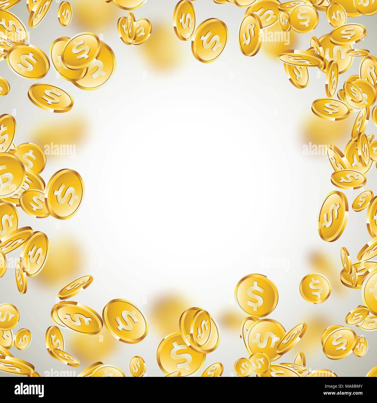 Realistica delle monete in oro immagine su sfondo pulito. La caduta di moneta con il simbolo del dollaro. Il successo di vettore concept design. Illustrazione Vettoriale