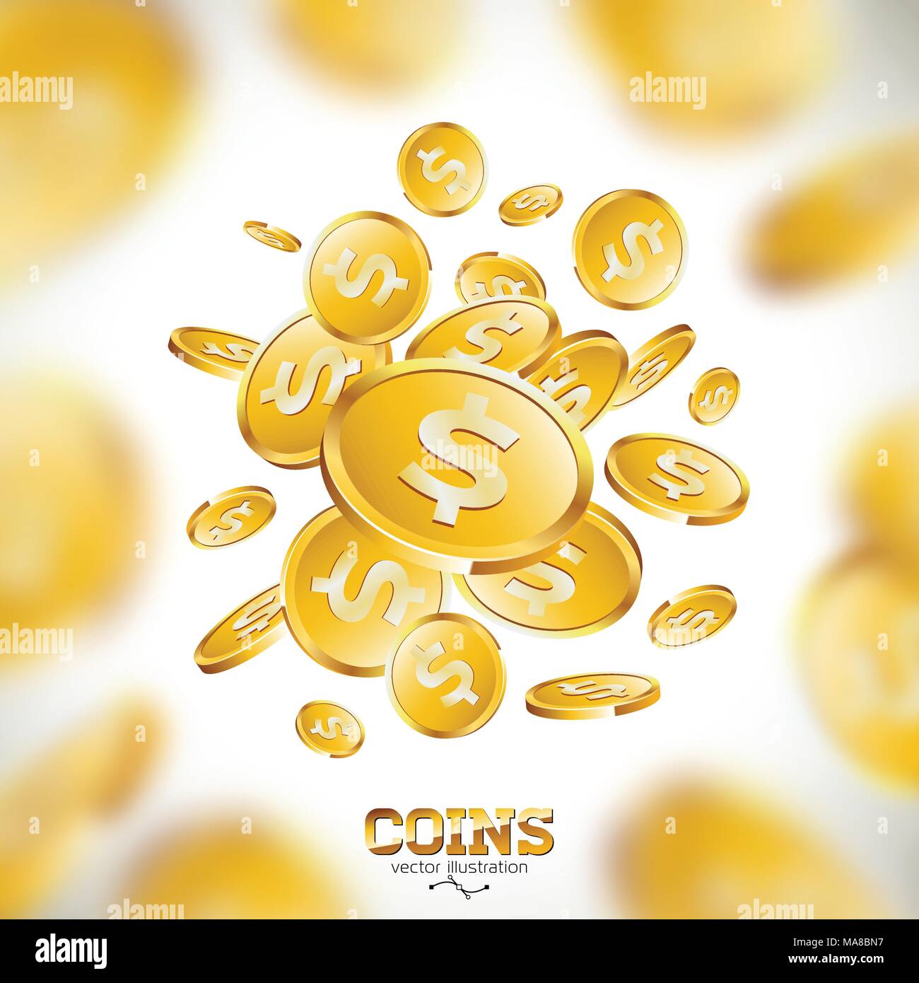 Realistica delle monete in oro immagine su sfondo pulito. La caduta di moneta con il simbolo del dollaro. Il successo di vettore concept design. Illustrazione Vettoriale