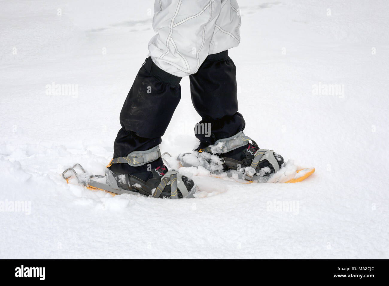 Una persona che compie un'escursione sulla neve-coperta di montagna, con le  racchette da neve sui suoi piedi per evitare di sprofondare nella neve  fresca. Close-up di gambe con nevica Foto stock -