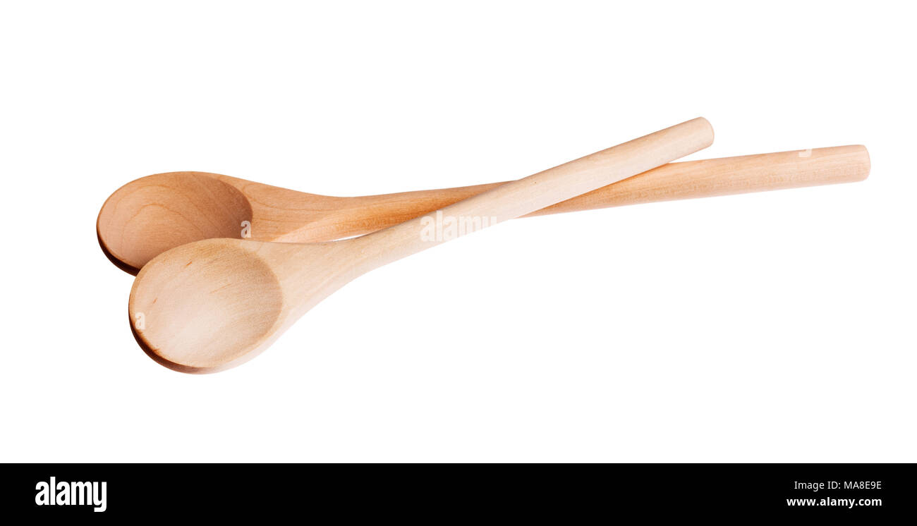 Due usate il cucchiaio di legno isolato su bianco. Foto Stock