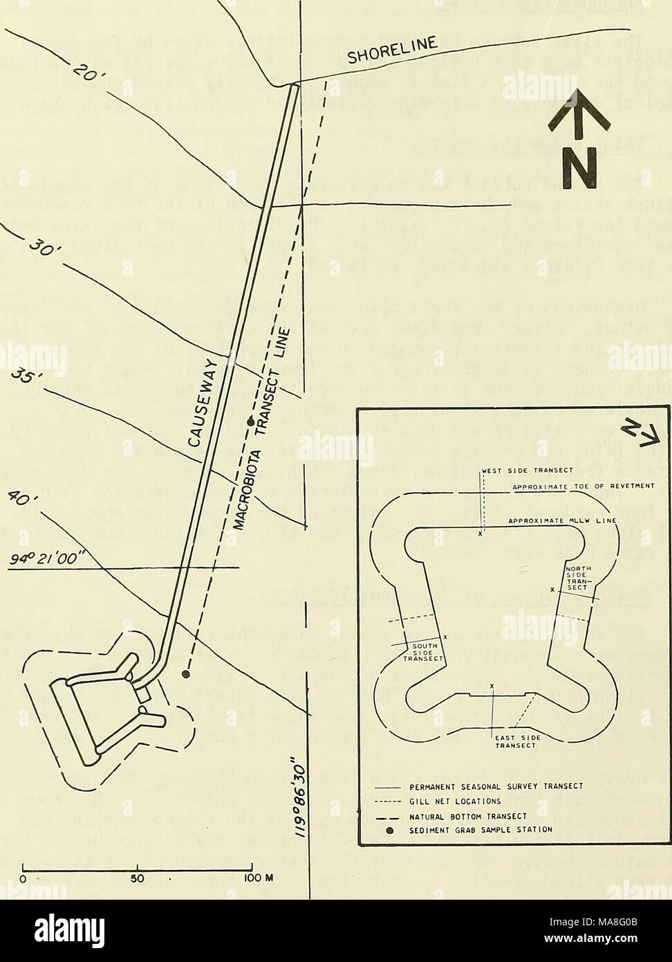 . Effetti ecologici di un'isola artificiale, Rincon Isola, Punta Gorda, California . La figura 3. Posizioni di stagionale permanente seca, reti da imbrocco, fondo naturale secare, e sedimenti grab stazioni di campionamento. (Profondità dei contorni in piedi sotto MLLW). Foto Stock
