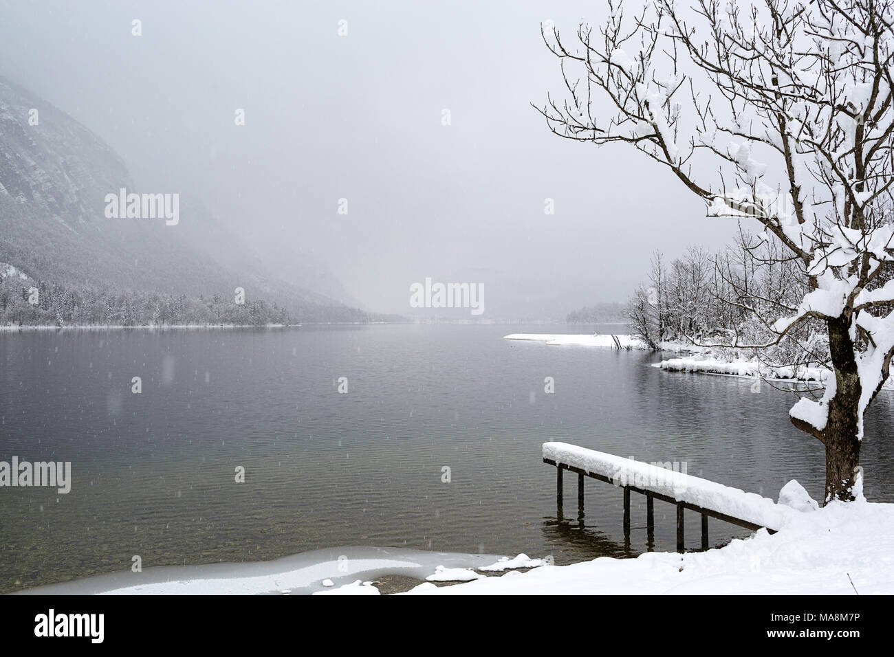 Poco pier coperte di neve sulle sponde di un lago in un freddo inverno nevoso giorno Foto Stock