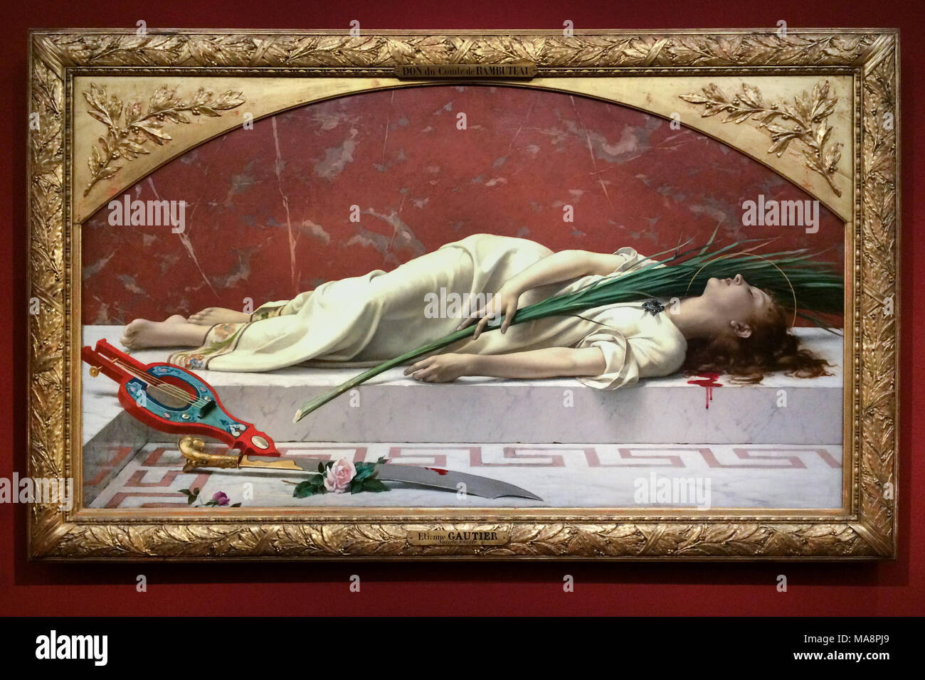 Pittura 'Dead Saint Cecilia' (1878) dal francese pittore accademico Etienne Gautier sul display in mostra alla Kunsthalle di Monaco di Baviera A Monaco di Baviera, Germania. La mostra che presenta i capolavori del salone di Parigi dal Musée d'Orsay corre fino al 28 gennaio 2018. Foto Stock