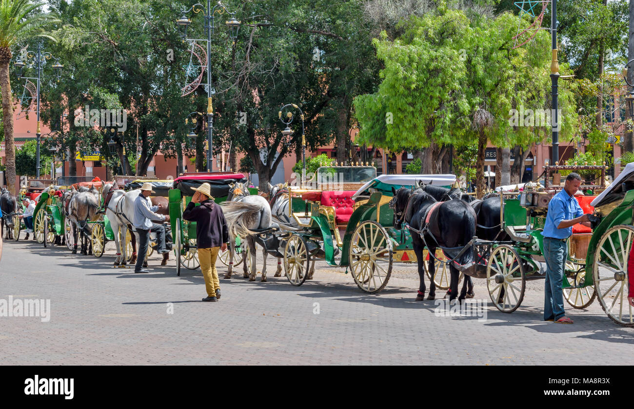 Il Marocco Marrakech linea di cavalli e carrozze lungo la strada che conduce verso la piazza Jemaa El Fna Foto Stock