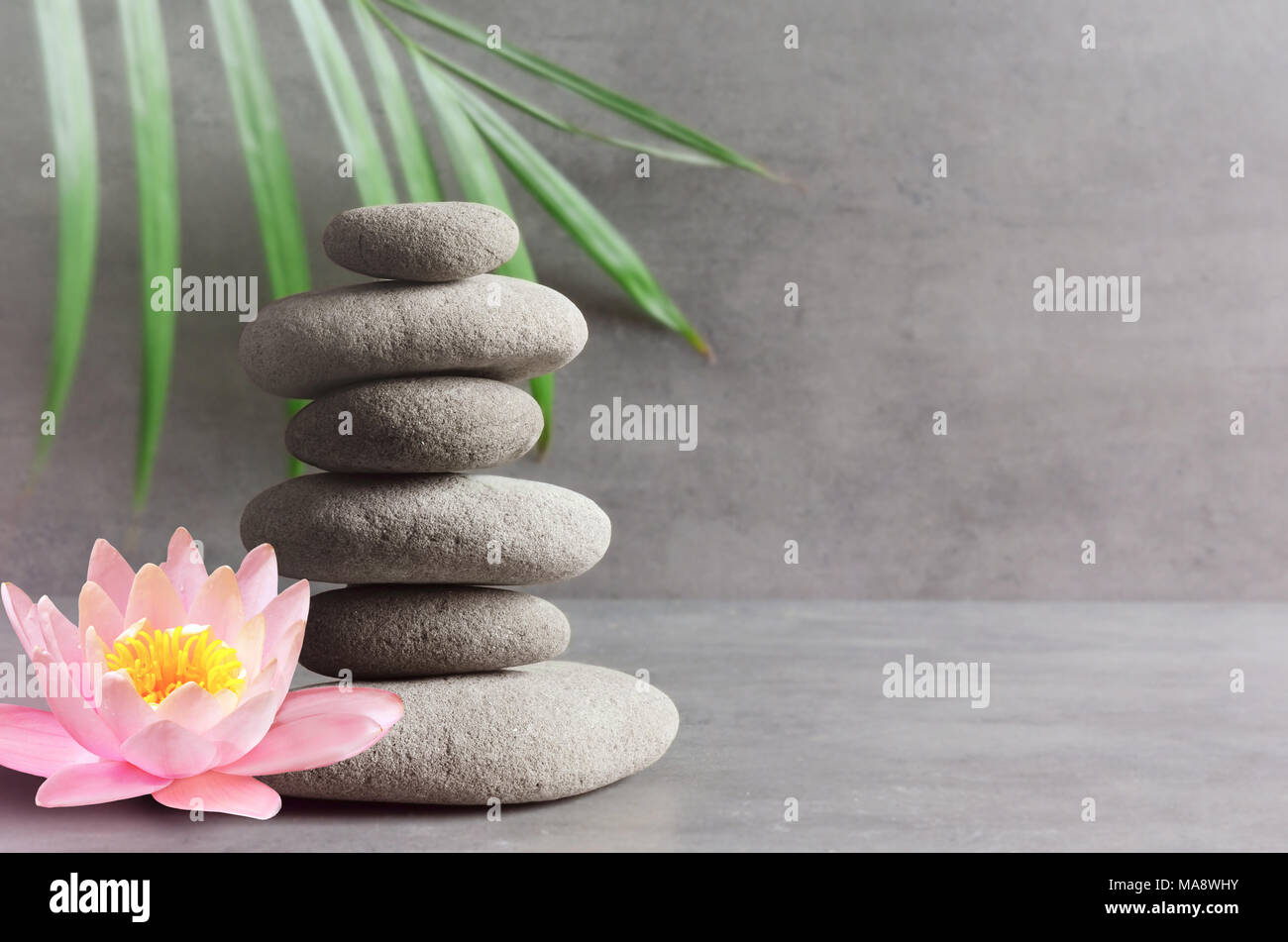 Pietre, fiore rosa lotus e il verde di foglie di palma di equilibrio. Zen e concetto di spa. Foto Stock
