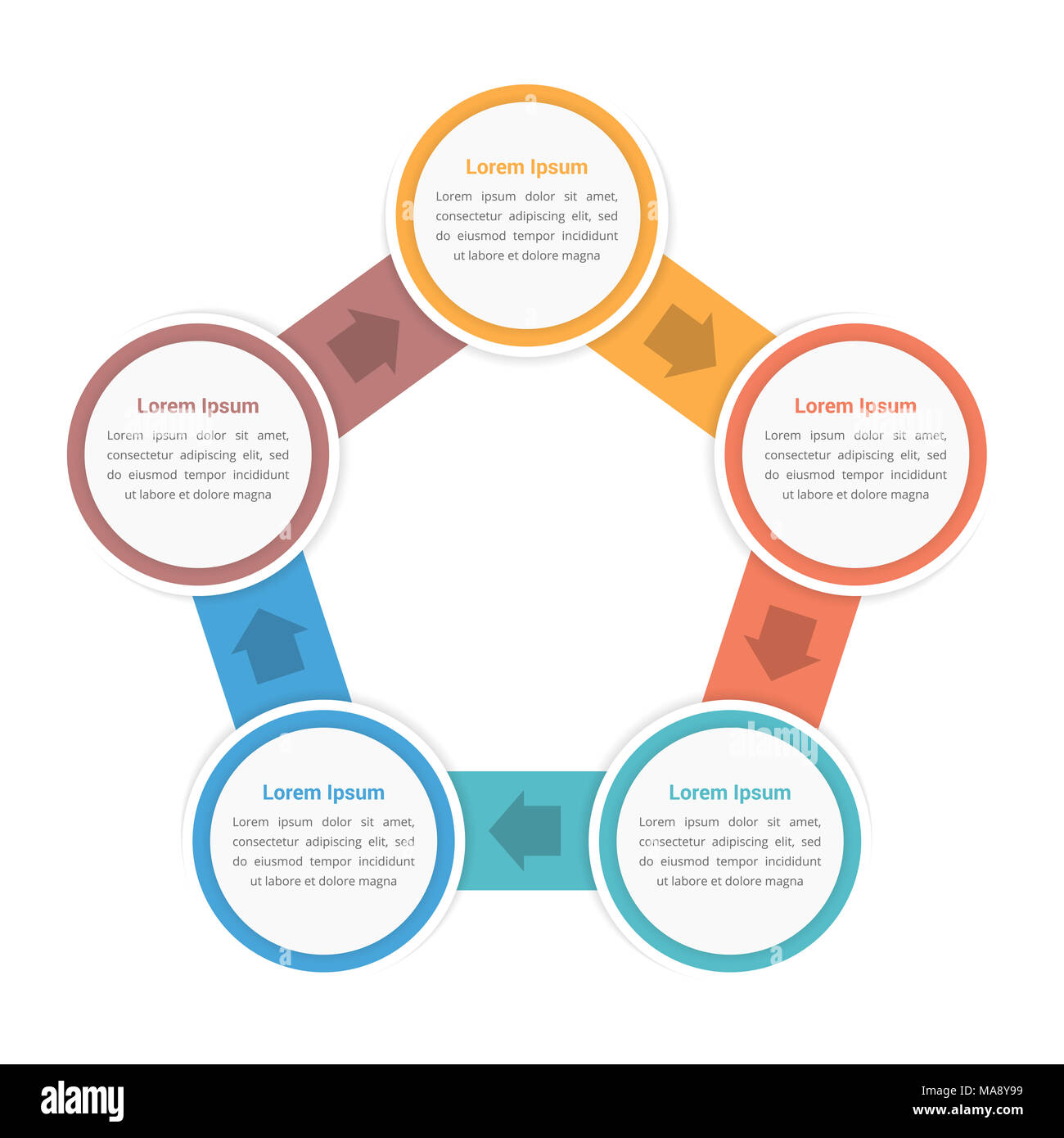 Schema circolare modello infografico con cinque fasi o opzioni, flusso di lavoro, processo, vettoriale EPS10 illustrazione Foto Stock